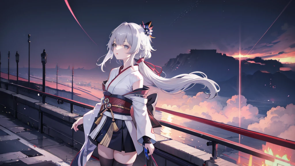 One girl, kimono, ponytail ,Gray Hair, Grey Eyes, wallpaper, landscape, Depth of written boundary, night, Particles of light, light, Side Lighting, destiny \(series\), Genshin Impact, Open jacket, skirt, Knee socks, cloud,