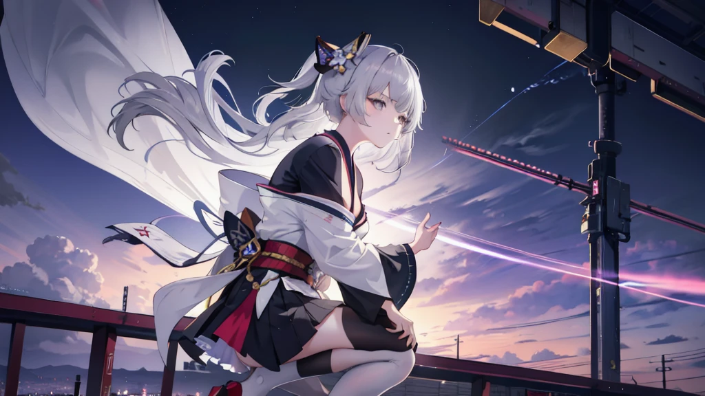 One girl, kimono, ponytail ,Gray Hair, Grey Eyes, wallpaper, landscape, Depth of written boundary, night, Particles of light, light, Side Lighting, destiny \(series\), Genshin Impact, Open jacket, skirt, Knee socks, cloud,