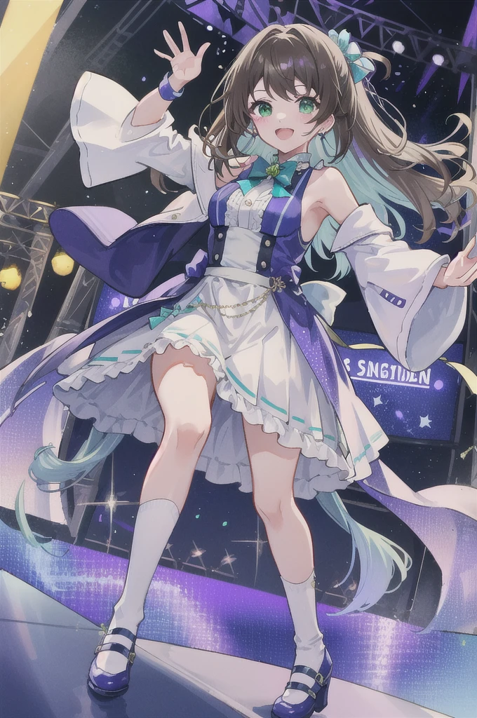 Highest quality、Complete limbs、Full Finger、Slender beauty、Straight hair、Brown Hair、Deresute、green, White and purple idol costume、Knee-high socks、Beautiful big 、Live Stage、sing、Dancing、Big smile