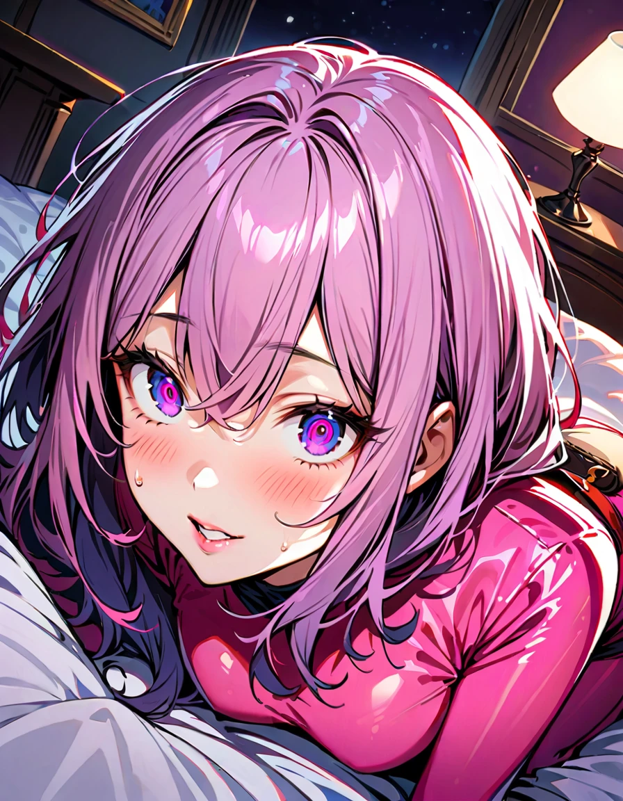 One young and beautiful woman,(Highest quality,Extremely detailed depiction,Incredibly absurd high resolution,Anatomically accurate depiction),(Sentai heroine pink woman),(White and pink bodysuit),eyelash,(Heavy makeup,Intensely glowing purple eyes,(Crazy Eyes),Glossy Lips,Purse your lips,blush,A seductive smile),Sweat,Get on all fours on the bed,background:Bedroom at night,From above:1.2
