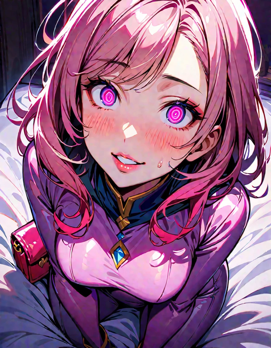 One young and beautiful woman,(Highest quality,Extremely detailed depiction,Incredibly absurd high resolution,Anatomically accurate depiction),(Sentai heroine pink woman),(White and pink bodysuit),eyelash,(Heavy makeup,Intensely glowing purple eyes,(Crazy Eyes),Glossy Lips,Purse your lips,blush,A seductive smile),Sweat,Get on all fours on the bed,background:Bedroom at night,From above:1.2