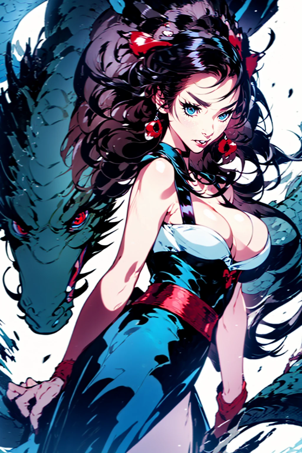 1girl and 1dragon,cool,bigbreast,cleavage,she is dark angel,she has wing,back to dark dragon,blue,red,white