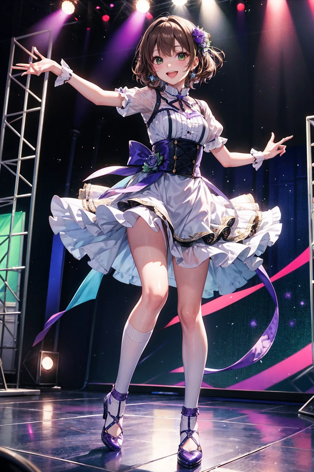 Highest quality、Complete limbs、Full Finger、Slender beauty、Straight hair、Brown Hair、Deresute、green, White and purple idol costume、Knee-high socks、Beautiful big 、Live Stage、sing、Dancing、Big smile
