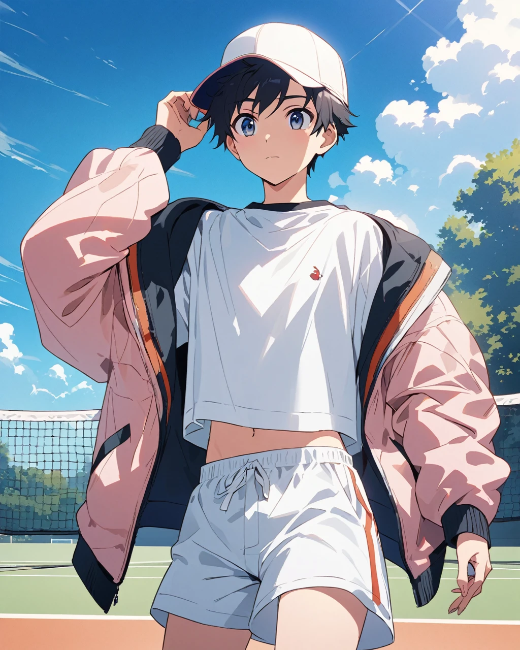 An anime-style illustration of a young boy standing on a tennis court. He is dressed in a sporty and fashionable outfit. He is wearing a white crop top paired with white pleated shorts and a light pink bomber jacket, partially off his shoulder. He completes his look with a baseball cap. The setting is during the day with a clear sky, and the tennis net and court are visible in the background.