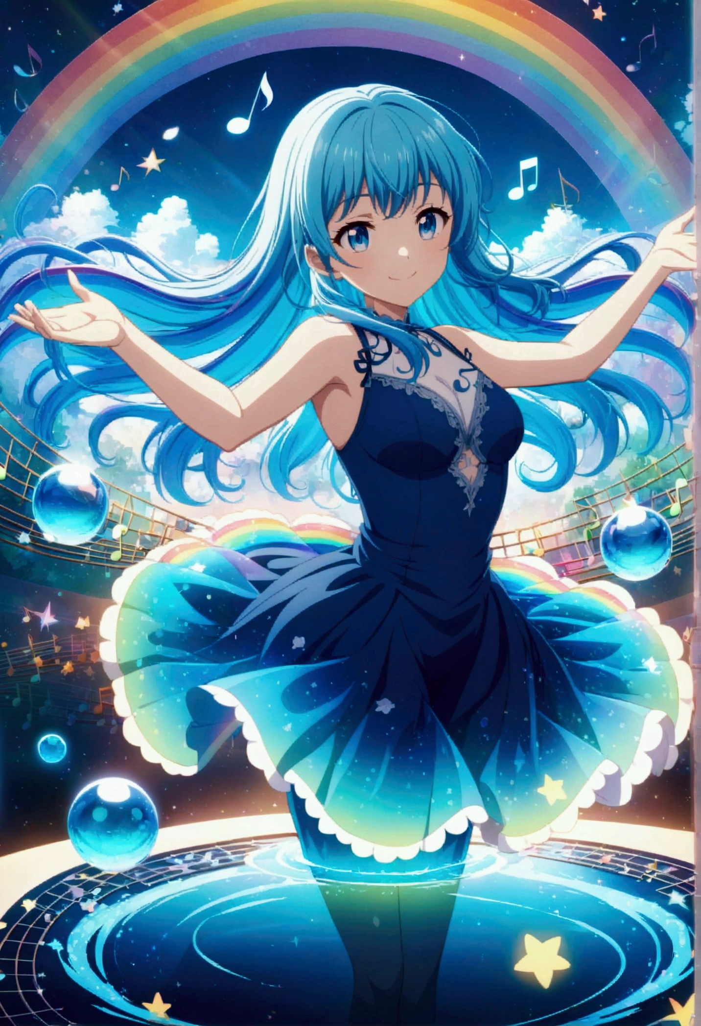 Anime style, ultra-detailed, 8K CG, blue-haired girl, smile, blue world, mysterious blue objects floating, star, (musical note), rainbow, blue dress, reflection, rainbow-colored water dancing around her. Rotating rainbow-colored water.