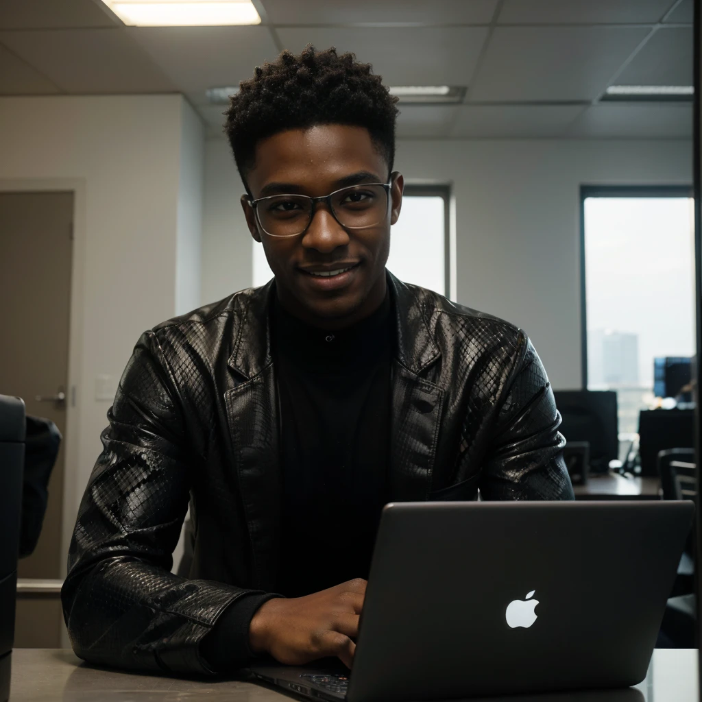 Black boy around 22 years old, good looking and smiling, python programmer, inside an office, looking through glass windows, futuristic city, strategist look, laptop, apple laptop, cinematic, ultra realistic, highly detailed (masterpiece)