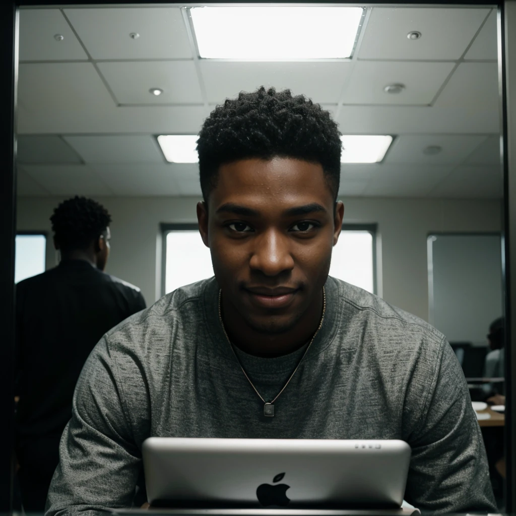 Black boy around 22 years old, good looking and smiling, python programmer, inside an office, looking through glass windows, futuristic city, strategist look, laptop, apple laptop, cinematic, ultra realistic, highly detailed (masterpiece)