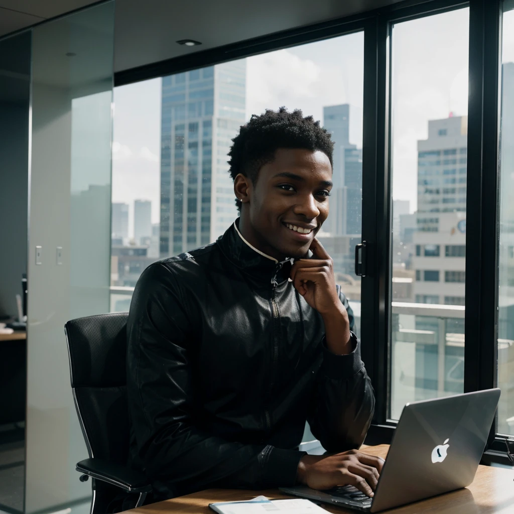 Black boy around 22 years old, good looking and smiling, python programmer, inside an office, looking through glass windows, futuristic city, strategist look, laptop, apple laptop, cinematic, ultra realistic, highly detailed (masterpiece)