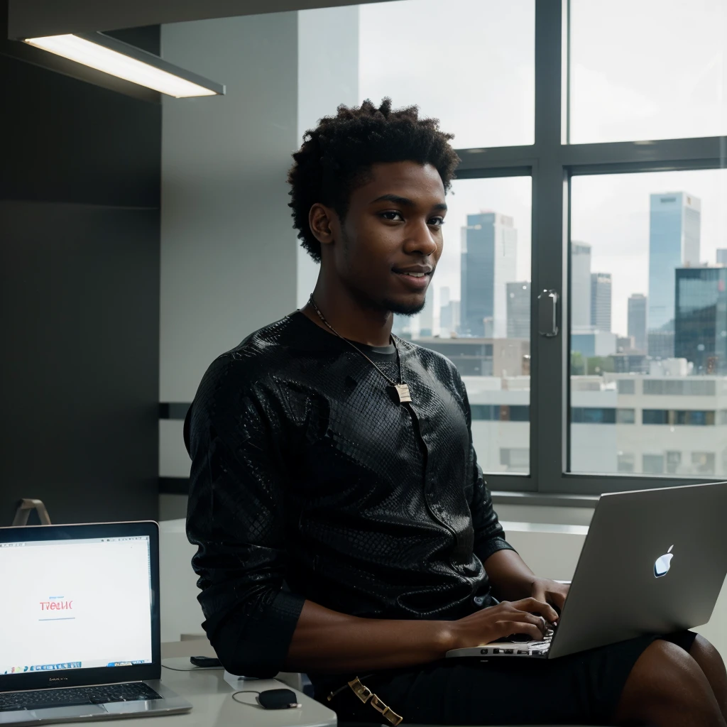 Black boy around 22 years old, good looking and smiling, python programmer, inside an office, looking through glass windows, futuristic city, strategist look, laptop, apple laptop, cinematic, ultra realistic, highly detailed (masterpiece)