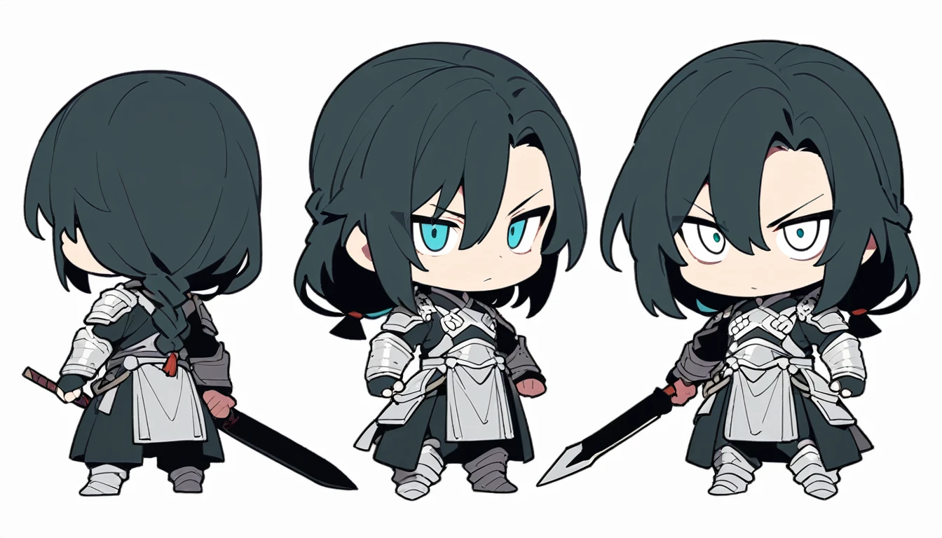 Zhao Yun,whole body,(Full body, three views, front, side, back, chibi),30-year-old Chinese general,Serious face,Sharp eyes,Wearing silver armor,Holding a spear,White background。アニメ, celluoid,flat colors,clear lines, masterpiece, best quality, very aesthetic, absurd