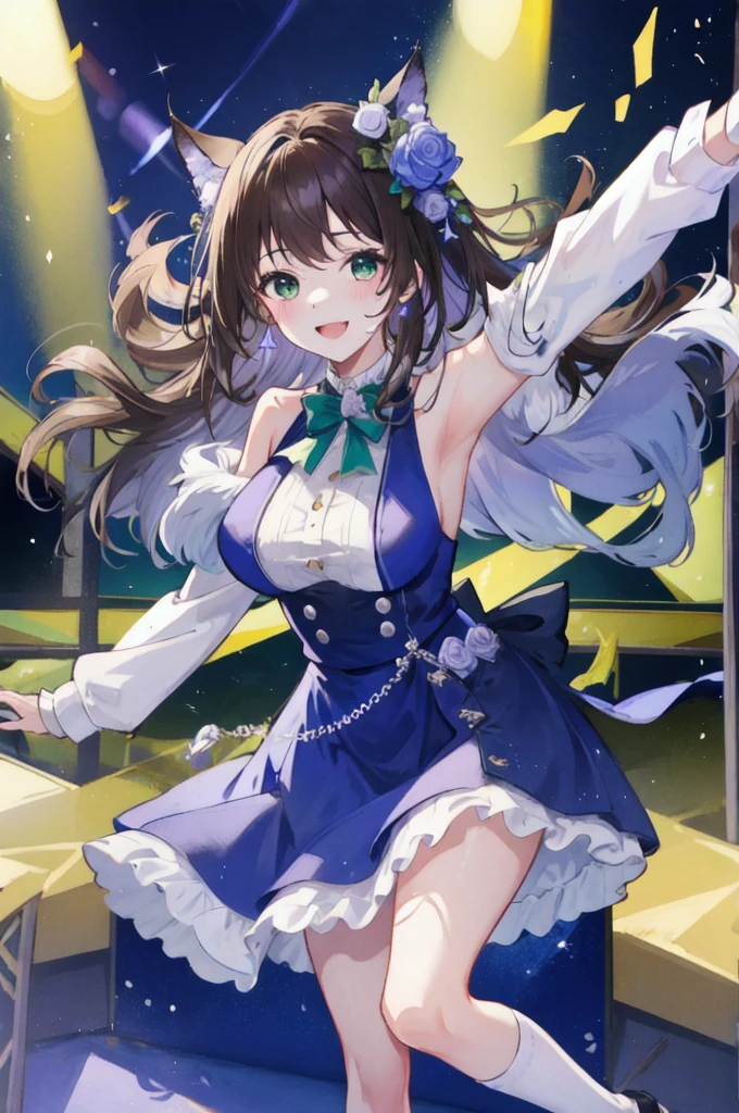Highest quality、Complete limbs、Full Finger、Slender beauty、Straight hair、Brown Hair、Deresute、green, White and purple idol costume、Knee-high socks、Beautiful big 、Live Stage、sing、Dancing、Big smile