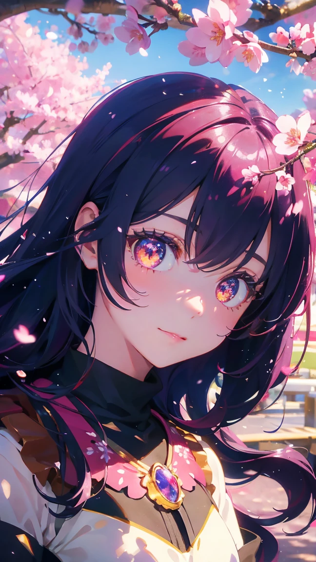 1 Anime Girl, alone,Black petals flutter, Mysteriously glowing butterfly.city,Bright pink hair,red gem eyes,Straight Hair,Thin legs,Very clear,Highest quality,辺り一面のcherry blossoms,都city,cherry blossoms,cherry blossomsミク,Beautiful Morning,Asahi,Face close-up,sunny,cherry blossomsを見上げる,slope