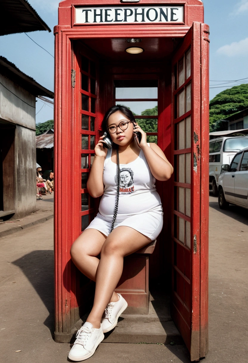 The photo style shows a slightly chubby indonesian beauty with fair skin, slender waist, sitting lazily on a cardboard mat and make a phone call on an old telephone booth with some people are walks next to her, wearing glasses, white tanktop with rolling stone logo printed on it and white with white sneakers.