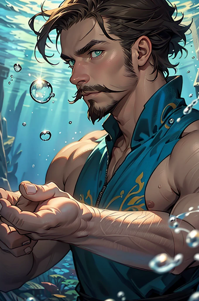 Portrait drawing. Underwater man with short cut brown hair pulled back, green eyes and a hooked nose. He looks relaxed, his eyebrows are straight. He has a short mustache and goatee. He is wielding waterbending magic. The suroundings is dark blue sea waters, bubbles.