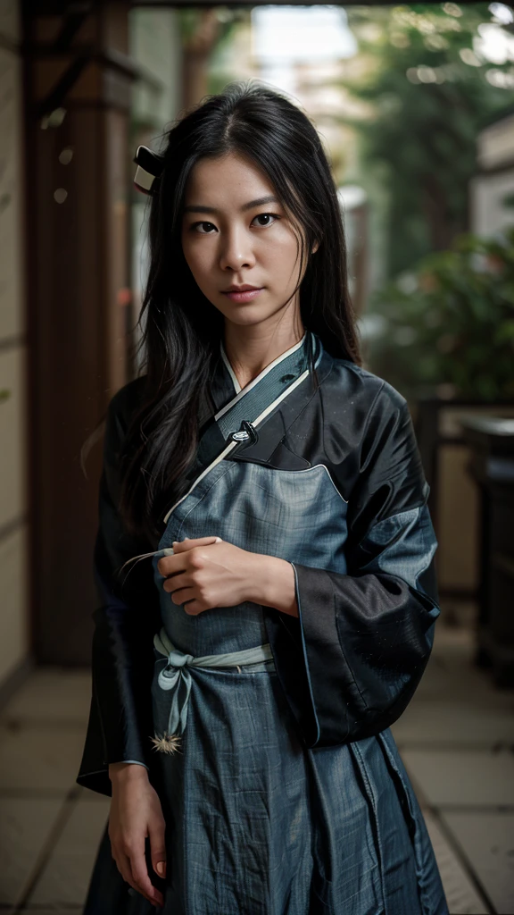 (Fidelity: 1.4), ((Black Hanfu)), Big Sleeves, Small Rings, Kan Tashi, Mole Under Eyes, Denim Lens, Bokeh, Perspective Shortening, Negative Space, Chiaroscuro, Depth of Field, Ray Tracing, Masterpiece, Anatomically Correct, Textured Skin, Best Quality, 8K, Ultra HD, Ccurate