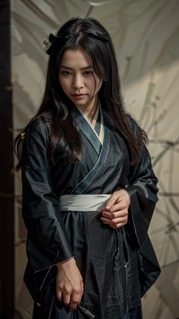 (Fidelity: 1.4), ((Black Hanfu)), Big Sleeves, Small Rings, Kan Tashi, Mole Under Eyes, Denim Lens, Bokeh, Perspective Shortening, Negative Space, Chiaroscuro, Depth of Field, Ray Tracing, Masterpiece, Anatomically Correct, Textured Skin, Best Quality, 8K, Ultra HD, Ccurate