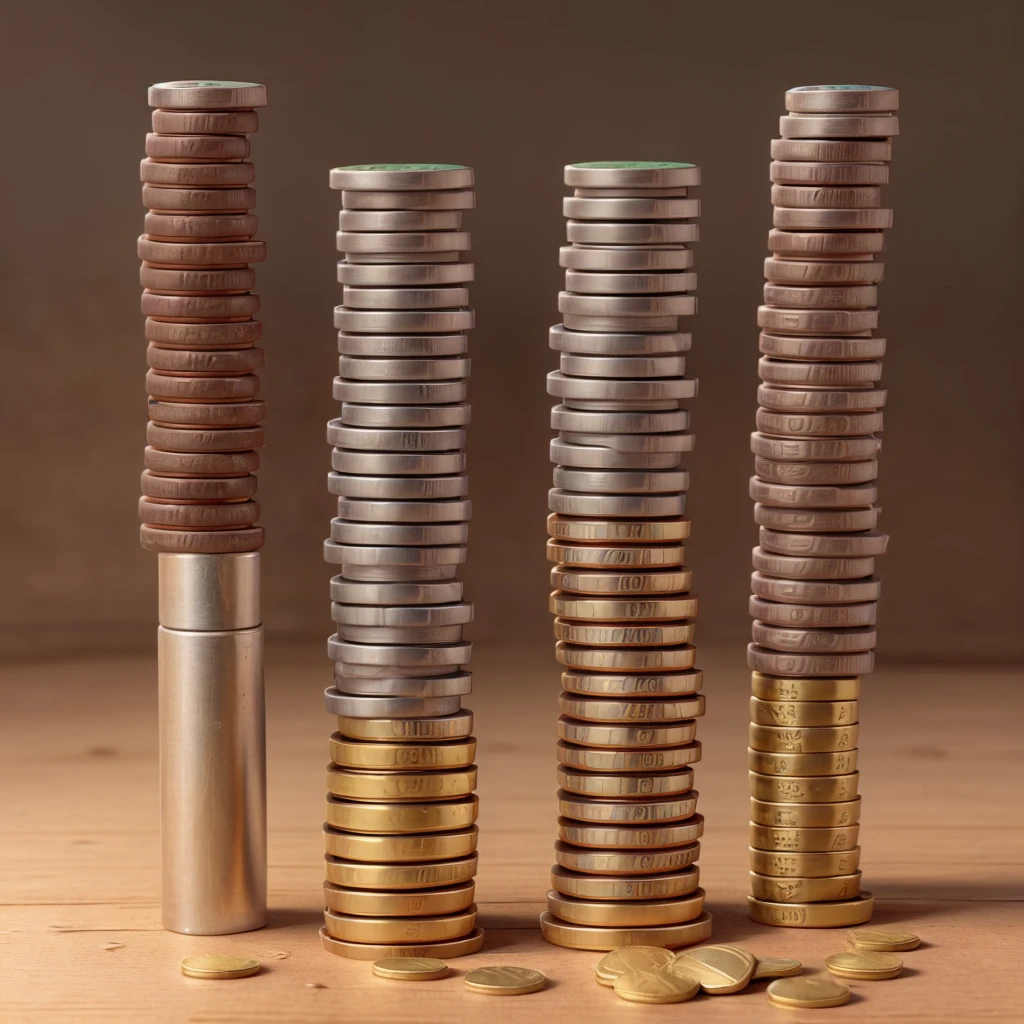 Illustration of 5 piles of coins with different levels, and above the coin is a miniature figure