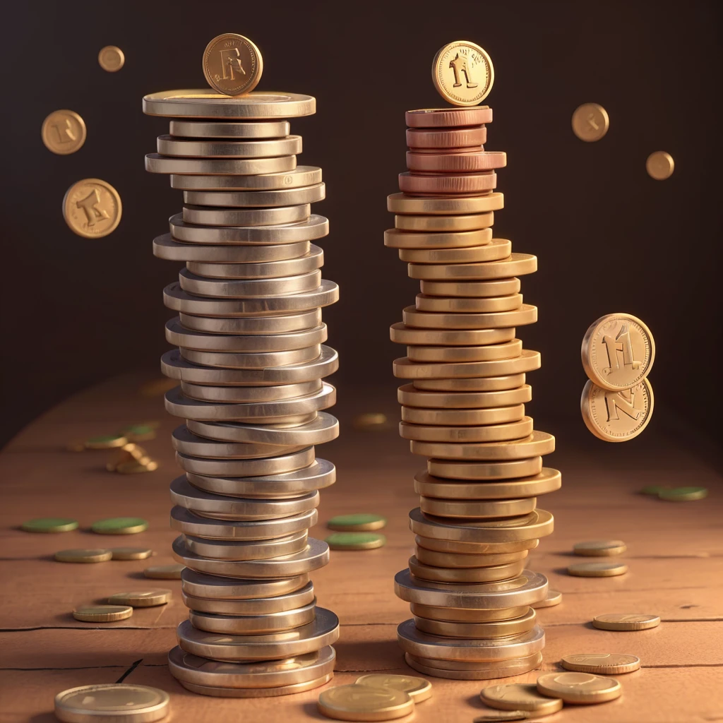 Illustration of 5 piles of coins with different levels, and above the coin is a miniature figure