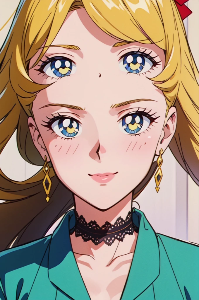 (masterpiece, best quality, beautiful and aesthetic:1.3), 1girl, light smile, solo, EPTakeuchiNaokoStyle, beautiful face, beautiful eyes, 1990s \(style\), anime screencap, retro artstyle, anime coloring, traditional media,red ribbon,blunt bangs,green eyes,ringlets, twin drills,blonde hair.lace, large breasts,princess,{{{shaded face,seductive smile}}},full body