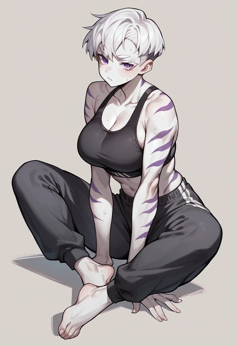 1 girl, short, pixie cut, white hair, white eyelashes, purple eyes, Japanese, white skin, large breast, full body, black sports bra, white hoari with tiger stripes design, grey sweat pants
