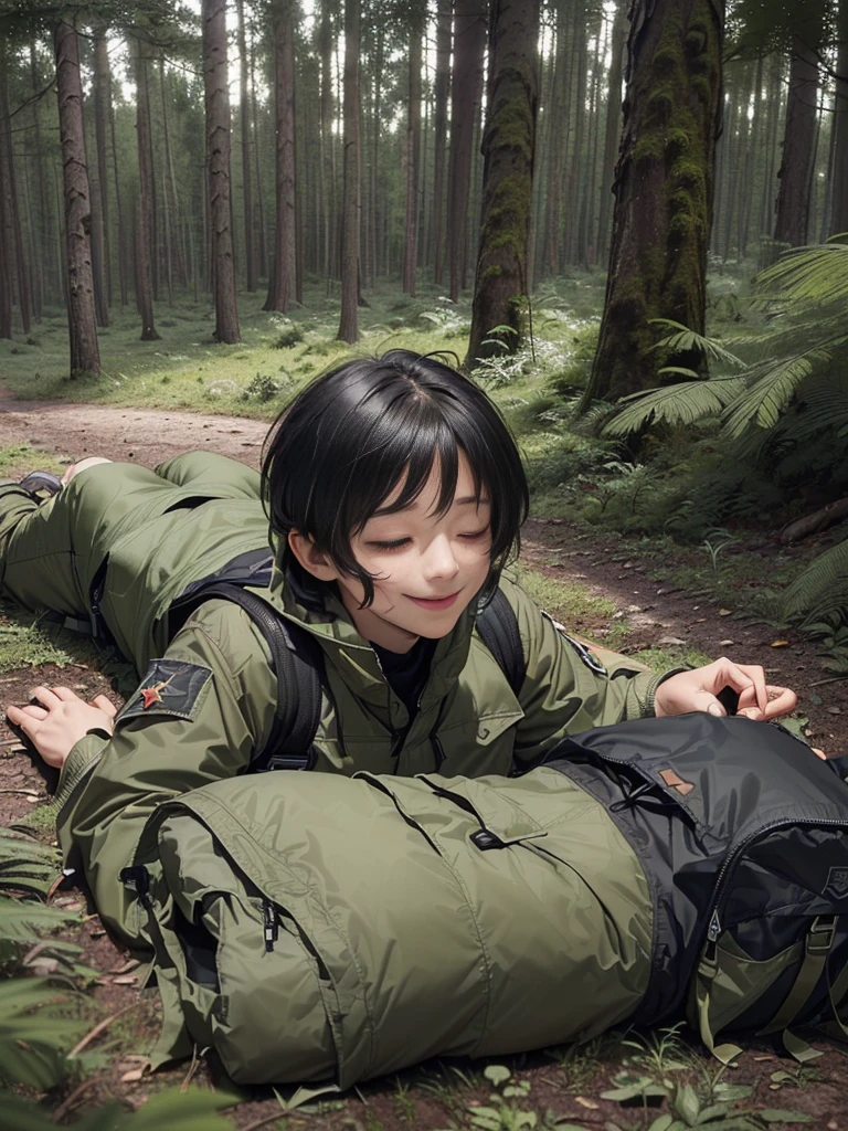 (((Masterpiece))), (high quality), one Japanese boy, 18 years old,(tall and thin,sleepy droopy eyes, long face, (thin cheeks:1.2),(black shaggy short hair,blank expression,smile:1.5),(khaki outdoor jacket,Olive cargo pants,Black trekking shoes,Black Rucksack,Full body portrait:1.5),(The background is a forest at night:1.5),(Lying in the woods at night,Lying directly on the ground,Fainted,lying down and closing your eyes:1.5)