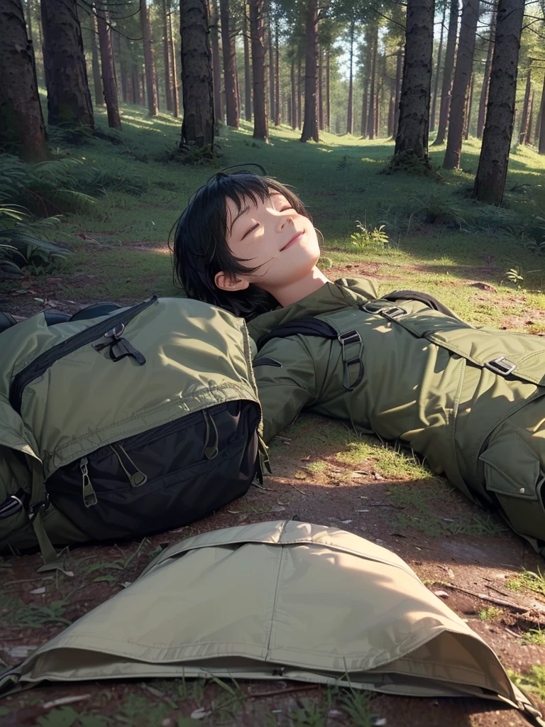 (((Masterpiece))), (high quality), one Japanese boy, 18 years old,(tall and thin,sleepy droopy eyes, long face, (thin cheeks:1.2),(black shaggy short hair,blank expression,smile:1.5),(khaki outdoor jacket,Olive cargo pants,Black trekking shoes,Black Rucksack,Full body portrait:1.5),(The background is a forest at night:1.5),(Lying in the woods at night,Lying directly on the ground,Fainted,lying down and closing your eyes:1.5)