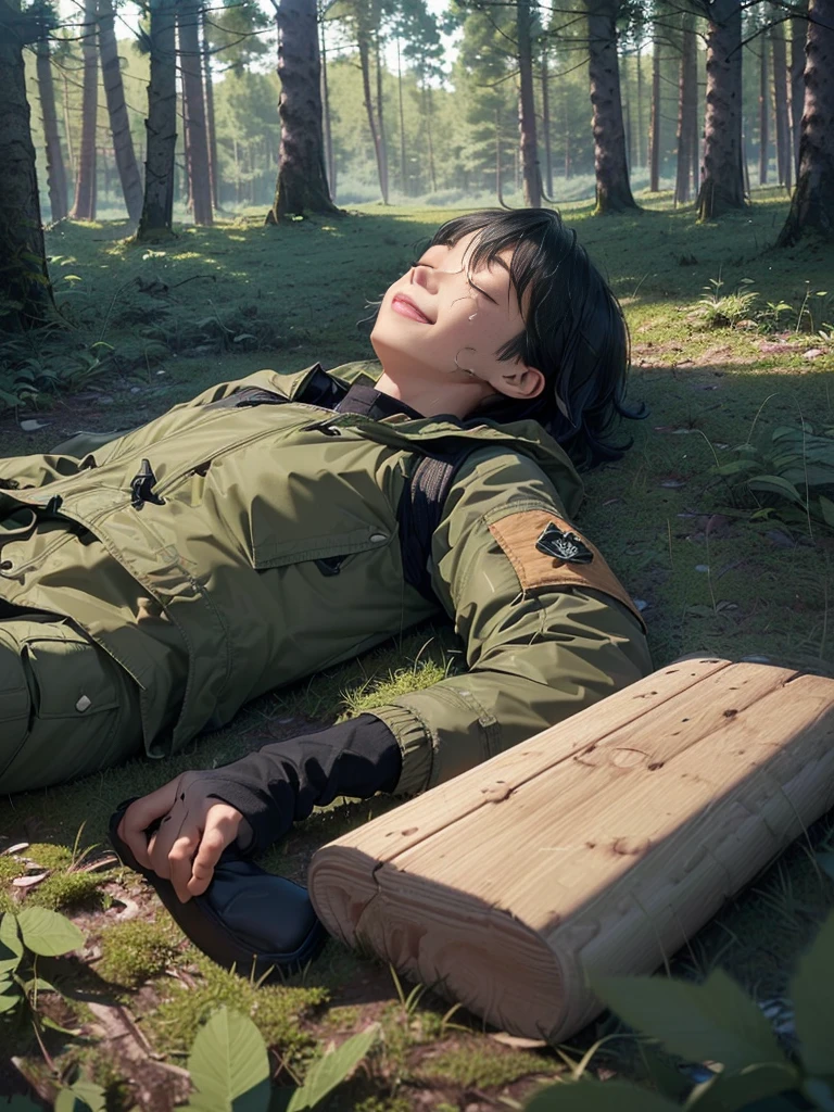(((Masterpiece))), (high quality), one Japanese boy, 18 years old,(tall and thin,sleepy droopy eyes, long face, (thin cheeks:1.2),(black shaggy short hair,blank expression,smile:1.5),(khaki outdoor jacket,Olive cargo pants,Black trekking shoes,Black Rucksack,Full body portrait:1.5),(The background is a forest at night:1.5),(Lying in the woods at night,Lying directly on the ground,Fainted,lying down and closing your eyes:1.5)
