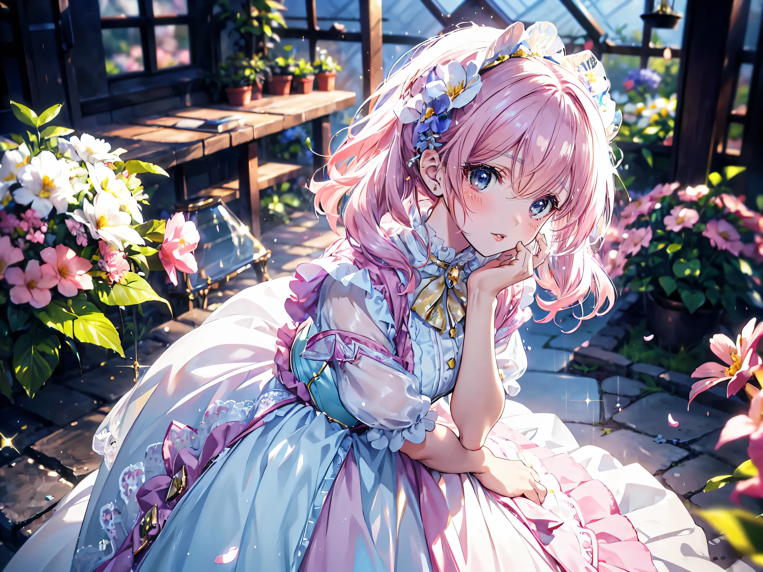 ((ultra detailed, exquisite quality, cinematic lighting)), (anime moe art style:1.1), (((young face solo princess))), (incredibly cute rococo victorian gown with long hems, voluminous princess style skirt, elaborate lace gown:1.5), (huge breasts), breasts cleavage, breasts focus, ((hair pink hair)), ((fluffy long Expressive ponytail)), (leaning forward, looking up, from above, front view, facing at viewer:2), kawaii face, head tilt, shy smile, put index finger on mouth, (face focus, eyes focus, blurry background, depth of field:2), (isometric 3D, octane render, ray tracing:1.5), cinematic shadows, backlighting, particle effect, caustics, super detailed skin, (hyper detail delicate eyes, hyper beautiful eyes), (eyes blue eyes), (lot's of colorful flowers, sparkling glass classic greenhouse:1.5), (Cut off light pink-hair), 