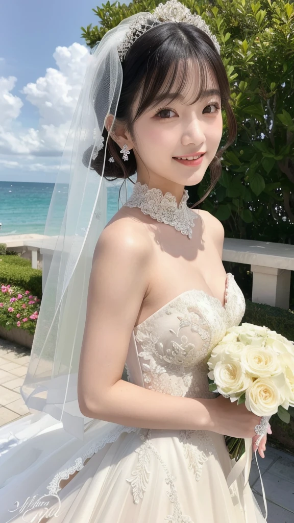 (8k, Photorealistic, Raw photo, Highest quality: 1.4),Japanese idol-style beautiful girl,model,1 person,18-year-old,(Short Bob),(Black Hair),tiara,She has her hair tucked behind her ears,Clear grey eyes,(Long eyelashes),(eye shadow),(Eyeliner),(eyeliner),(piercings(small)),cheek(Beige brown color),(Lip gloss(Deep vermilion)),lips(Plump,glossy),Translucent white and finely textured skin,thin long neck,Thin and delicate shoulders,(Lace gloves(White)),(Wedding Bouquet :1.1),(Wedding dress((Frills),(Lace embroidery),(Plumpしたロングスカート :1.2))),(layer),(The veil is fluttering in the wind),(High heels(White)),(Seaside Garden Wedding),(Background with a view of the sandy beach),(Smiling at the camera),(Full body portrait),(Reference https://the-weddingdress.jp/)