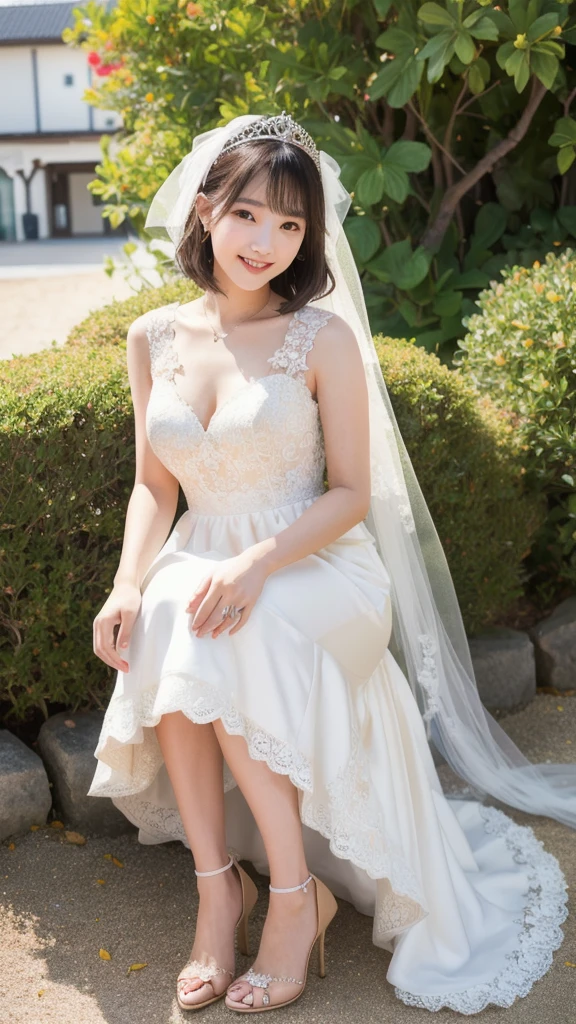 (8k, Photorealistic, Raw photo, Highest quality: 1.4),Japanese idol-style beautiful girl,model,1 person,18-year-old,(Short Bob),(Black Hair),tiara,She has her hair tucked behind her ears,Clear grey eyes,(Long eyelashes),(eye shadow),(Eyeliner),(eyeliner),(piercings(small)),cheek(Beige brown color),(Lip gloss(Deep vermilion)),lips(Plump,glossy),Translucent white and finely textured skin,thin long neck,Thin and delicate shoulders,(Lace gloves(White)),(Wedding Bouquet :1.1),(Wedding dress((Frills),(Lace embroidery),(Plumpしたロングスカート :1.2))),(layer),(The veil is fluttering in the wind),(High heels(White)),(Seaside Garden Wedding),(Background with a view of the sandy beach),(Smiling at the camera),(Full body portrait),(Reference https://the-weddingdress.jp/)
