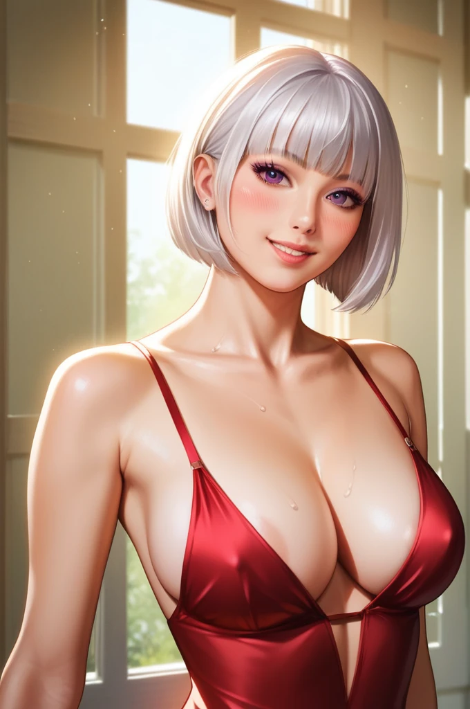((((masterpiece, best quality, high resolution)))), Extremely detailed 8K, Beautiful girl with voluptuous body, (Ultra HD, Ultra-detailed, Highly detailed, Highly realistic, Ultra-realistic, photograph realistic), (1girl:1.5), (Realistic white hair), short silky hair, bob cut, (dynamic poses), facing at camera, looking at viewer, (blushing red, smile), (purple eyes, sharp eyes), (big perky breasts:1.2), (beautiful detailed face, beautiful detailed eyes), ((kebaya dress, thin material)), (standing up), sweat, glow, (sunbeam, sunlight), ((cowboy shot))