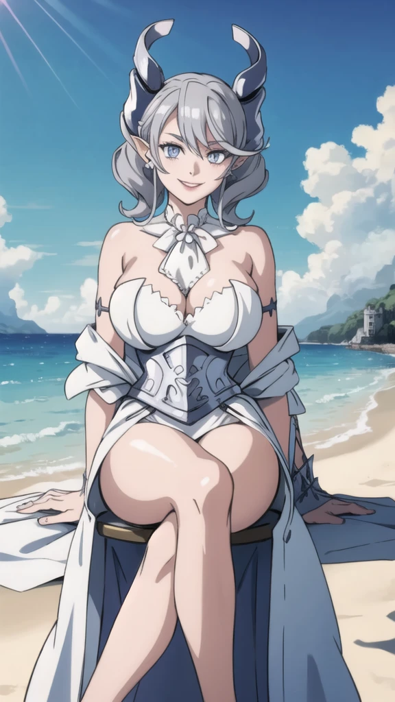 Beautiful arts wallpaper Sunset Outside castle top High level image quality best image quality 8K adult woman silver castle outside more colors whole body view portrait wearing pure white pirate dress horn ears short hair((shortcut)(gray hair)(perm)(fluffy)) eye color is blue , , attractive evil face , smile , beach , labrynth , slippers , holding her breast, , sitting with crossed legs , waves
