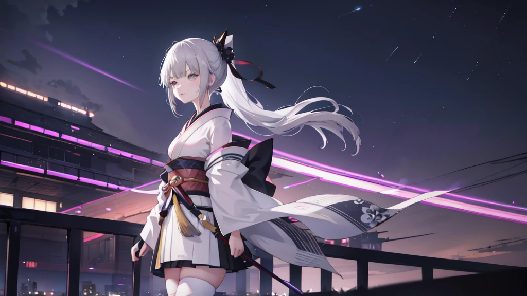 One girl, kimono, ponytail ,Gray Hair, Grey Eyes, wallpaper, landscape, Depth of written boundary, night, Particles of light, light, Side Lighting,  Open jacket, skirt, Knee socks, cloud,
