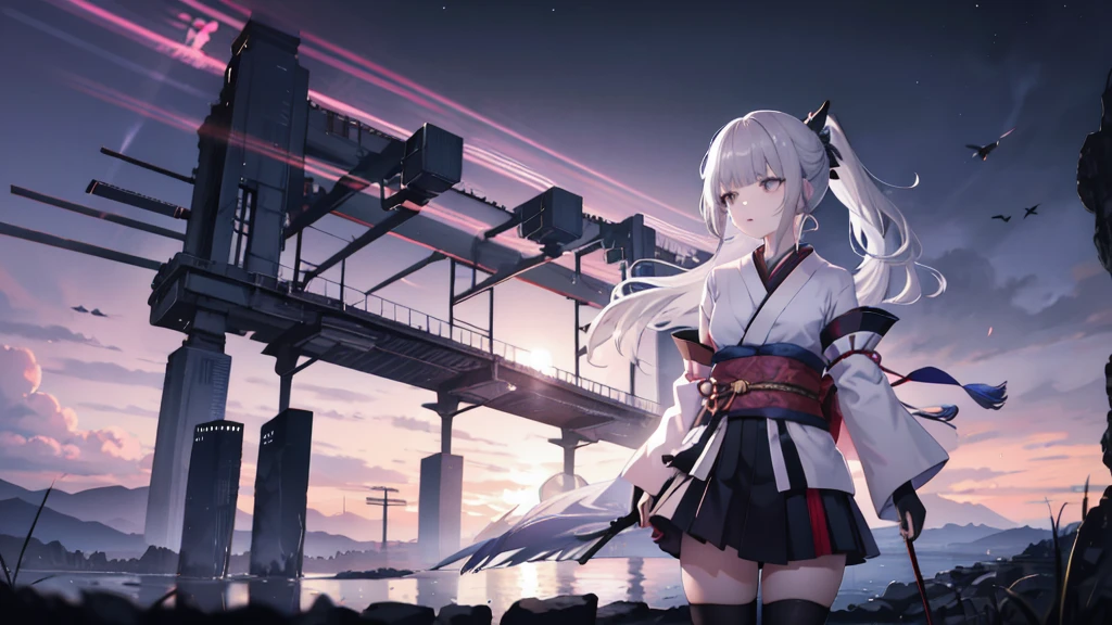 One girl, kimono, ponytail ,Gray Hair, Grey Eyes, wallpaper, landscape, Depth of written boundary, night, Particles of light, light, Side Lighting, Open jacket, skirt, Knee socks, cloud,
