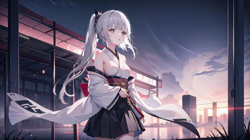 One girl, kimono, ponytail ,Gray Hair, Grey Eyes, wallpaper, landscape, Depth of written boundary, night, Particles of light, light, Side Lighting,  Open jacket, skirt, Knee socks, cloud,
