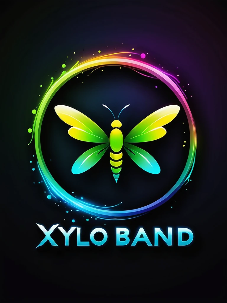 Create a vibrant, color painting-style logo titled "Xylo Band". Design a sleek and modern firefly with a simple silhouette. Focus on its tails, which should glow in super vibrant neon colors like green, blue, and yellow. Use fluid and artistic brushstrokes to depict motion and light, ensuring the painting style enhances the dynamic effect of the logo. Choose a background that complements the glowing colors, making the firefly stand out prominently. Aim for a composition that is visually appealing and captures the essence of energy and creativity. make the firefly vector as simple as possible