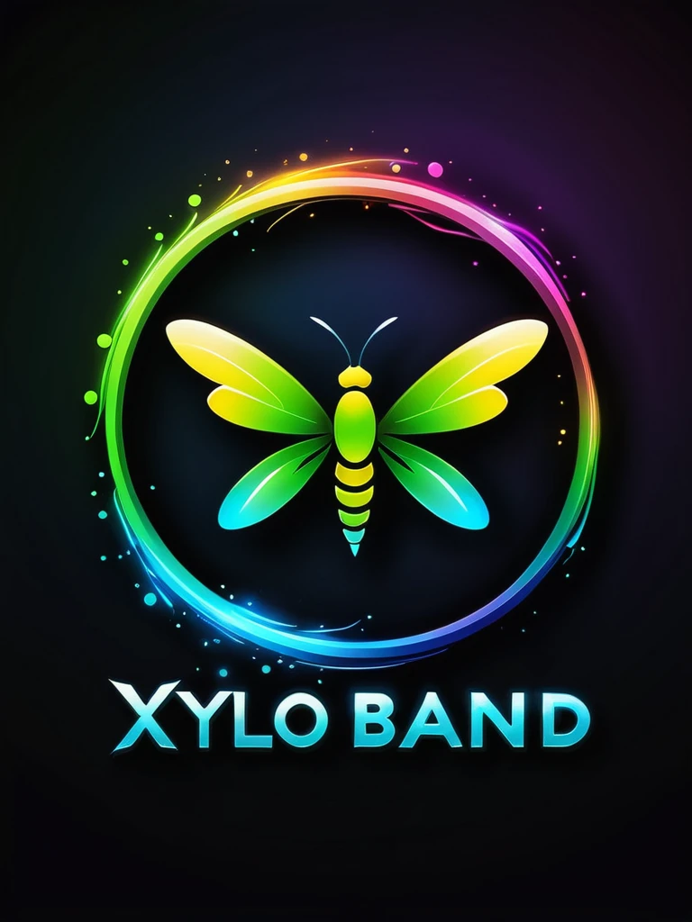 Create a vibrant, color painting-style logo titled "Xylo Band". Design a sleek and modern firefly with a simple silhouette. Focus on its tails, which should glow in super vibrant neon colors like green, blue, and yellow. Use fluid and artistic brushstrokes to depict motion and light, ensuring the painting style enhances the dynamic effect of the logo. Choose a background that complements the glowing colors, making the firefly stand out prominently. Aim for a composition that is visually appealing and captures the essence of energy and creativity. make the firefly vector as simple as possible
