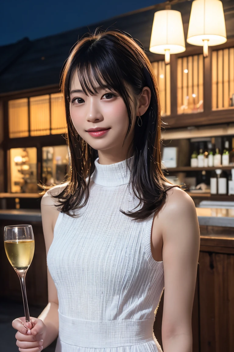 (hair, Ultra-high resolution, Highest quality, masterpiece: 1.2), (Realistic, photoRealistic: 1.37), Very detailed, One beautiful woman, (slimな顔), (The body is slim), (茶hair), (Shortcuts), cheeks turn a little red, (Age 25), Age 25, alone, 窓の外の美しい詳細な都市のnight景, restaurant, wine glassが座る, nightに, NovaFrogStyle in a prominent place, actress, model, Upper Body, White wine, slim, wine glass, Super Clean night View, wine glass Put in the Middle, Happy smile, (smile: 1.15), Beautiful Eyes, Upper Body, Destroy Japan, night, short, short, actress, model, Upper Body, White wine, slim, wine glass, Super Clean night View, wine glass Put in the Middle, Happy smile,Sleeveless dress、Dress code、Chic dress、Dress color is random