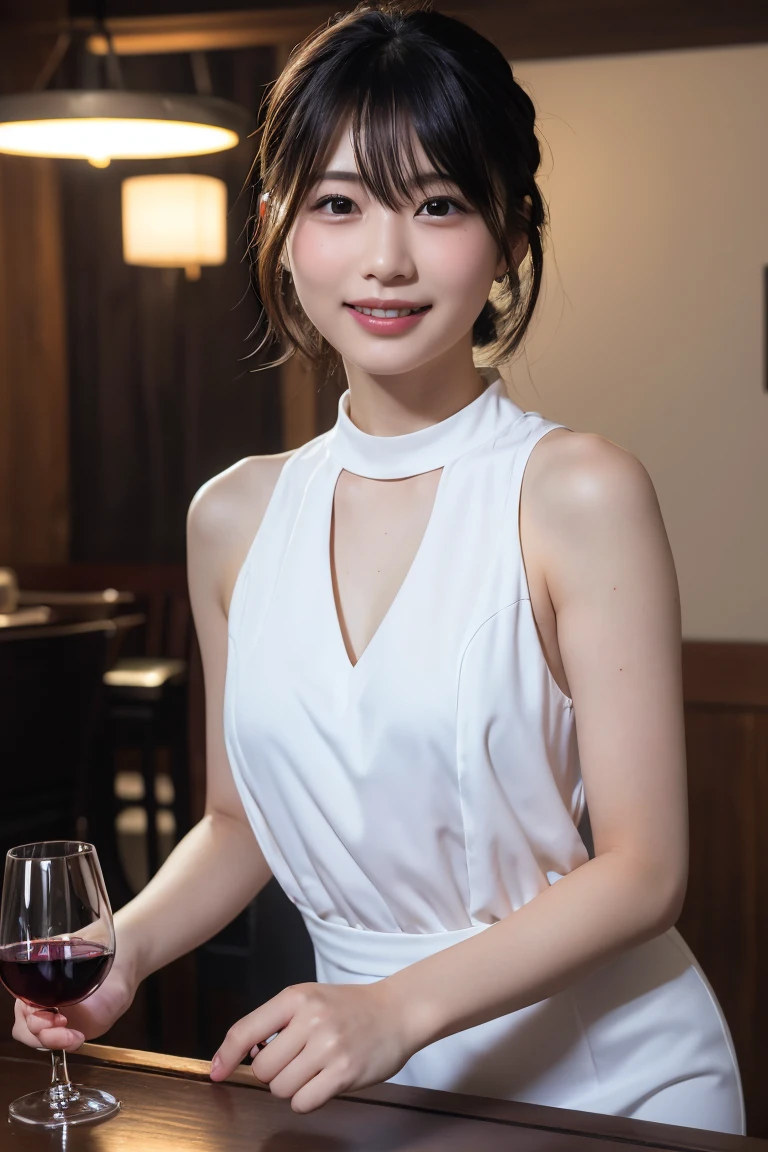 (hair, Ultra-high resolution, Highest quality, masterpiece: 1.2), (Realistic, photoRealistic: 1.37), Very detailed, One beautiful woman, (slimな顔), (The body is slim), (茶hair), (Shortcuts), cheeks turn a little red, (Age 25), Age 25, alone, 窓の外の美しい詳細な都市のnight景, restaurant, wine glassが座る, nightに, NovaFrogStyle in a prominent place, actress, model, Upper Body, White wine, slim, wine glass, Super Clean night View, wine glass Put in the Middle, Happy smile, (smile: 1.15), Beautiful Eyes, Upper Body, Destroy Japan, night, short, short, actress, model, Upper Body, White wine, slim, wine glass, Super Clean night View, wine glass Put in the Middle, Happy smile,Sleeveless dress、Dress code、Chic dress、Dress color is random