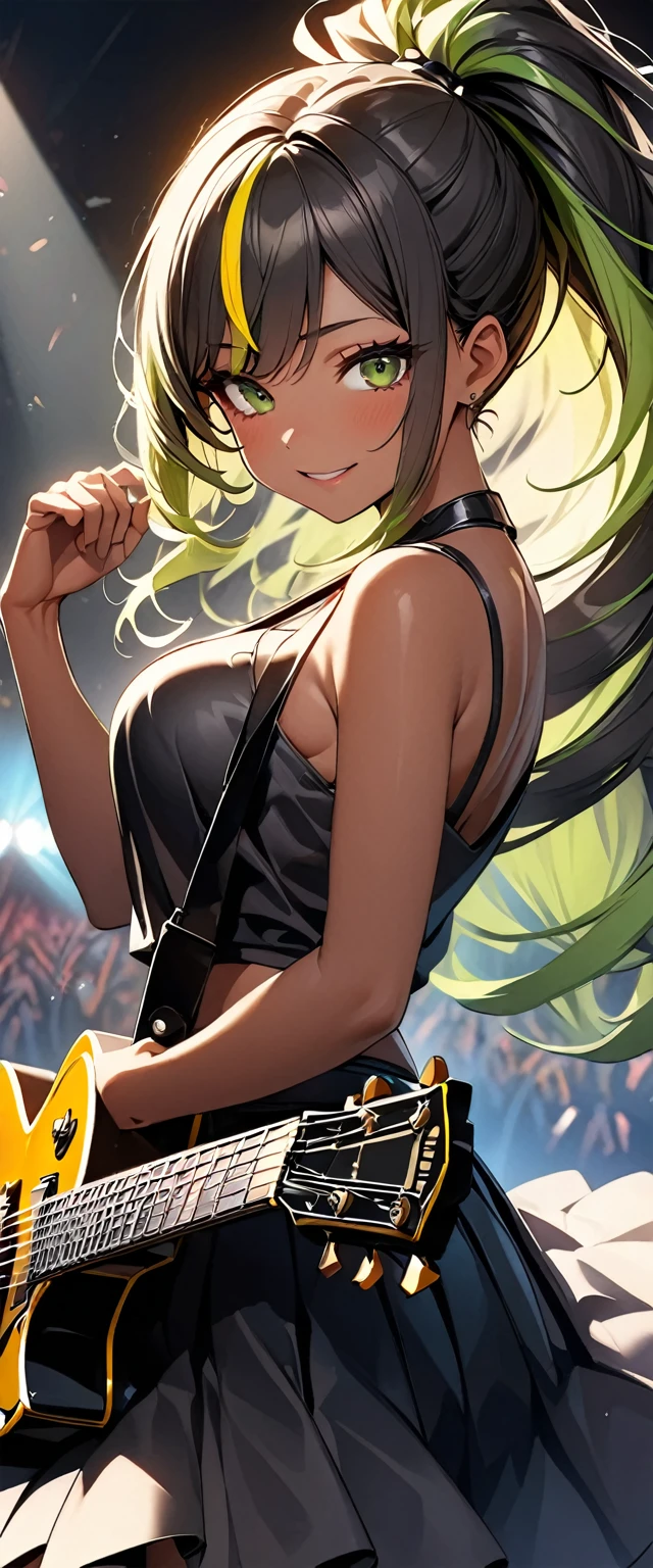 (highest quality:1.2, Very detailed, up to date, Vibrant, Ultra-high resolution, High Contrast, masterpiece:1.2, highest quality, Best aesthetics), Portraiture、girl、singer、stage、performance、Rock Music、Bright colors、Beautiful fine details、Beautiful lip detail、long hair、ponytail, white and yellow green ((streaked hair:1.6)), highlights hair: 1.5, middium breast, (tan skin:1.1), Music band、Cheerful pose、Concert Light、Edgy Style、black Skirt-style-bikini、loose fit, Dynamic Movement、hypnotic sounds、Stadium、amplifier、Loud music、Electric guiter、Gibson Les-Paul, mike stand, Powerful vocals、Passionate performance、Sparkling stage、Concert atmosphere、Music Festival、Full of emotion、Rock star attitude、Resolute expression、Avid Fan、The presence of an attractive stage、 Expressive gestures、Rock star aura、An exciting atmosphere、Sing with all your heart、An unforgettable show, (full body:1.1)