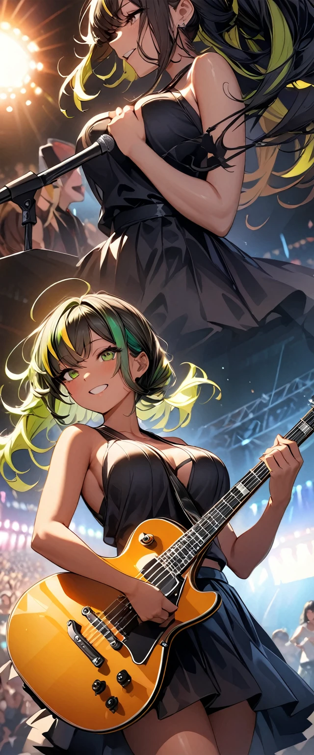 (highest quality:1.2, Very detailed, up to date, Vibrant, Ultra-high resolution, High Contrast, masterpiece:1.2, highest quality, Best aesthetics), Portraiture、girl、singer、stage、performance、Rock Music、Bright colors、Beautiful fine details、Beautiful lip detail、long hair、ponytail, white and yellow green ((streaked hair:1.6)), highlights hair: 1.5, middium breast, (tan skin:1.1), Music band、Cheerful pose、Concert Light、Edgy Style、black Skirt-style-bikini、loose fit, Dynamic Movement、hypnotic sounds、Stadium、amplifier、Loud music、Electric guiter、Gibson Les-Paul, mike stand, Powerful vocals、Passionate performance、Sparkling stage、Concert atmosphere、Music Festival、Full of emotion、Rock star attitude、Resolute expression、Avid Fan、The presence of an attractive stage、 Expressive gestures、Rock star aura、An exciting atmosphere、Sing with all your heart、An unforgettable show, (full body:1.1)