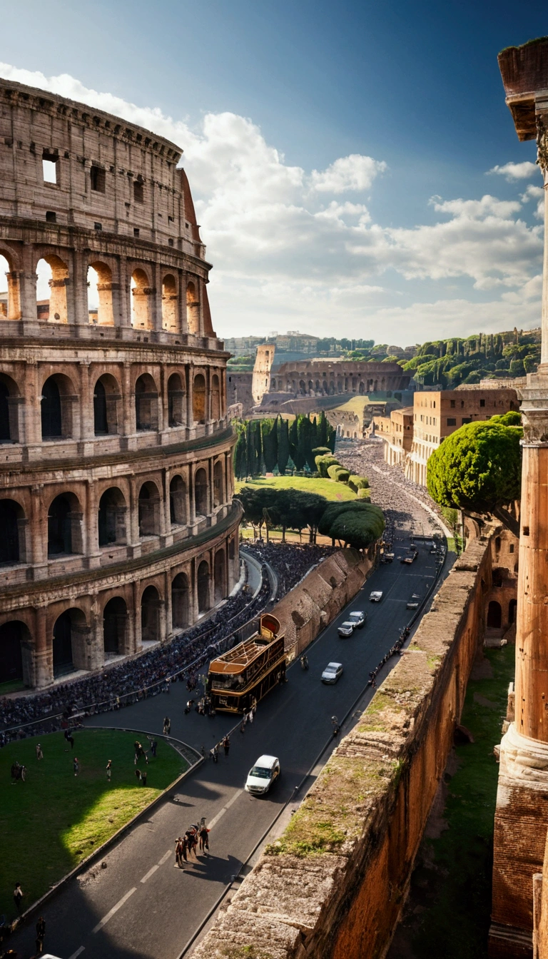 Transition to Ancient Rome: A scene of ancient Rome with the Colosseum in the background