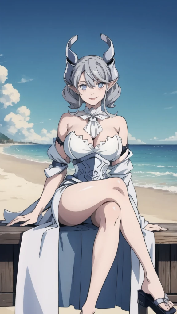 Beautiful arts wallpaper Sunset Outside castle top High level image quality best image quality 8K adult woman silver castle outside more colors whole body view portrait wearing pure white pirate dress horn ears short hair((shortcut)(gray hair)(perm)(fluffy)) eye color is blue , , attractive evil face , smile , beach , labrynth , slippers , holding her breast, , sitting with crossed legs , waves
