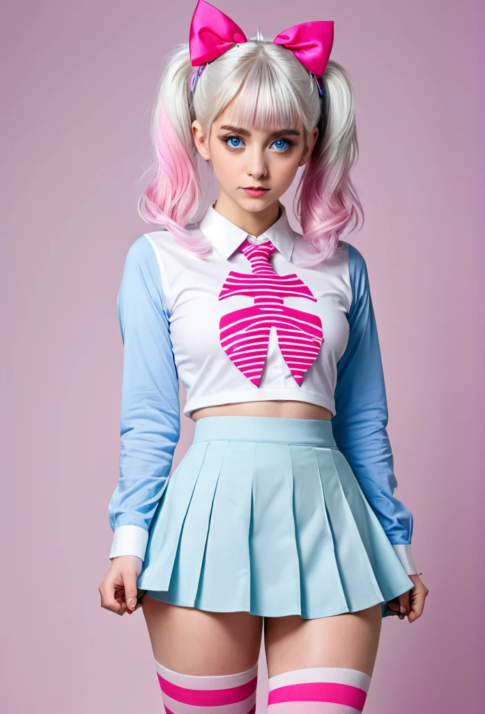 Young woman, blue eyes, rib cage shirt, skirt, one striped stocking, the other one in the asterisk, White hair, pink ends or bangs in the hair