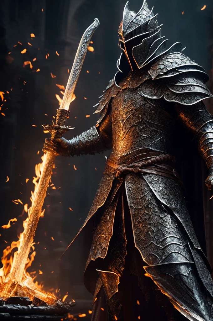 an awe-inspiring 3D rendering portraying Gwyn, Lord of Cinder, from Dark Souls 3. Immerse Gwyn in a solemn and grandiose natural setting, echoing the climactic moments of the game. Utilize advanced 3D techniques to meticulously detail Gwyn's iconic Lord of Cinder armor, capturing the fading embers and the intensity of his flaming sword. Freeze a moment that encapsulates the poignant and regal aura of this pivotal character. Infuse the scene with an atmosphere that resonates with the somber and epic nature of Dark Souls 3. Craft a composition where Gwyn, Lord of Cinder, stands as a powerful and iconic figure within a visually striking and emotionally charged environment