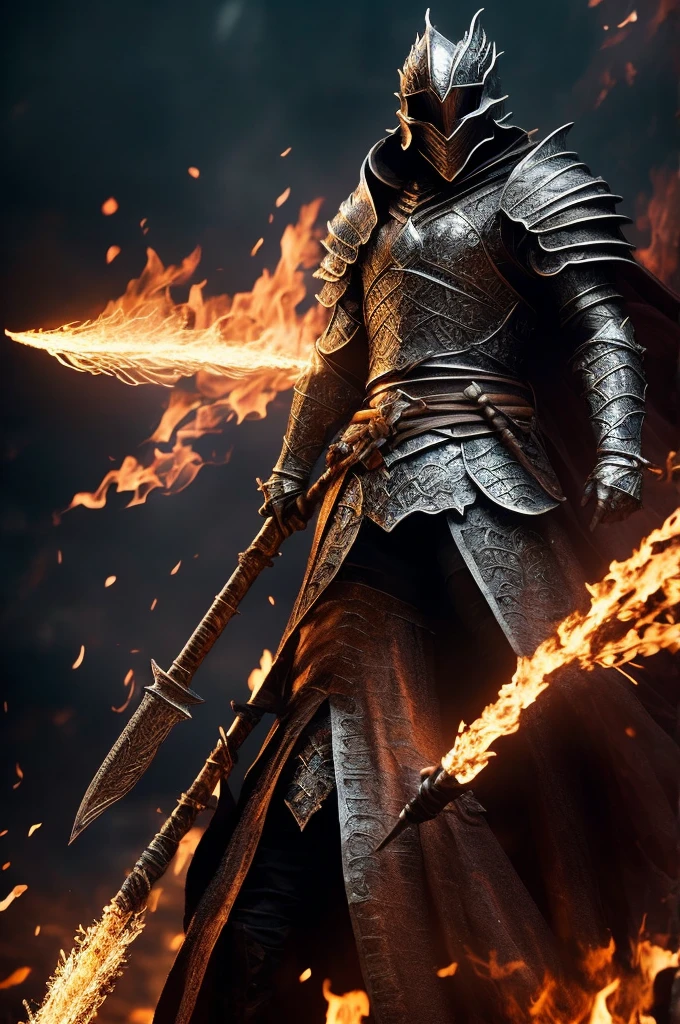 an awe-inspiring 3D rendering portraying Gwyn, Lord of Cinder, from Dark Souls 3. Immerse Gwyn in a solemn and grandiose natural setting, echoing the climactic moments of the game. Utilize advanced 3D techniques to meticulously detail Gwyn's iconic Lord of Cinder armor, capturing the fading embers and the intensity of his flaming sword. Freeze a moment that encapsulates the poignant and regal aura of this pivotal character. Infuse the scene with an atmosphere that resonates with the somber and epic nature of Dark Souls 3. Craft a composition where Gwyn, Lord of Cinder, stands as a powerful and iconic figure within a visually striking and emotionally charged environment