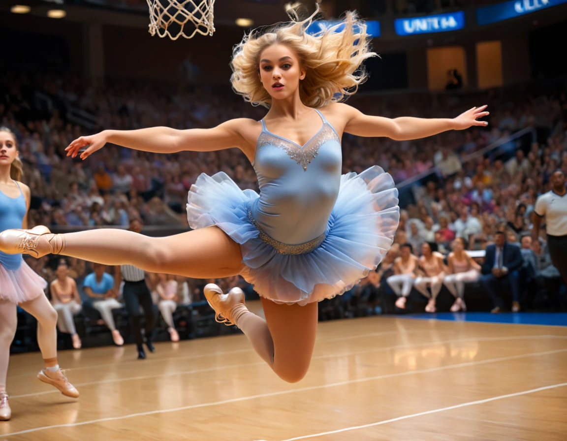 Arafed a sports capture picture of a beautiful ballet dancer (going into the air and dunking: 1.3) at a basketball game, an exotic beautiful ballet dancer, blond hair, long hair, dynamic eyes color, concentrated look, determined look, best detailed face, dynamic skin color, wearing ballet clothes and shoes, and dunking, ultra wide shot, photorealistic, vibrant, Ultra-high resolution, High Contrast, (masterpiece:1.5), highest quality, Best aesthetics), best details, best quality, highres, ultra wide angle, 16k, [ultra detailed], masterpiece, best quality, (extremely detailed),