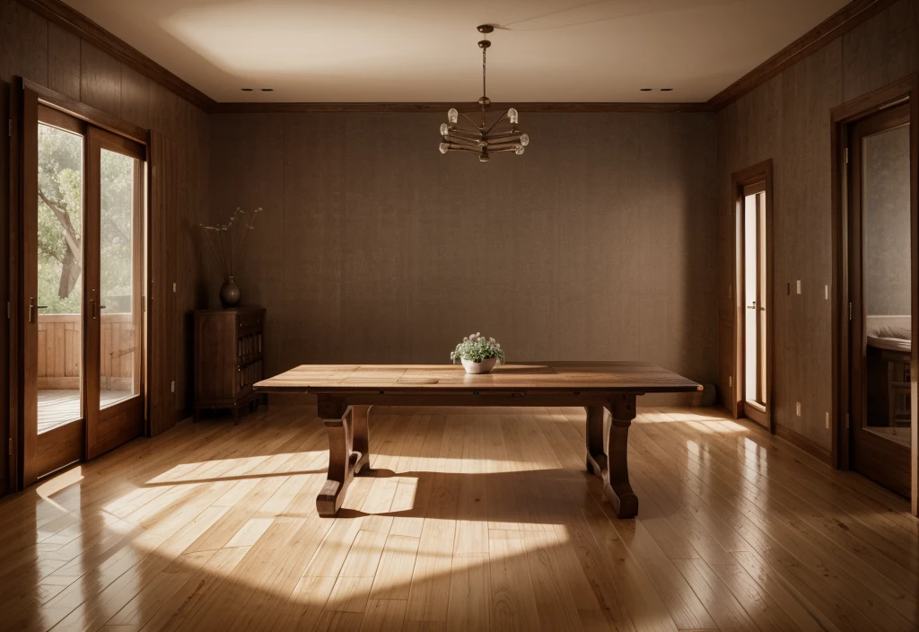Model shooting style, (Extremely detailed CG 8k wallpaper), There is a wide and long wooden table in the center of the room,It's full of food scraps, An old and spacious room, There is a stone wall,A little high, no ceiling, There is a Roman stone arch in ruins at the back of the room.,access to garden
