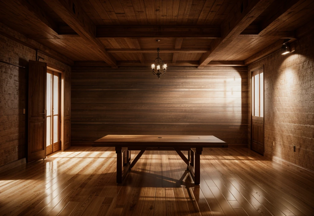 Model shooting style, (Extremely detailed CG 8k wallpaper), There is a wide and long wooden table in the center of the room，It&#39;s full of food scraps, An old and spacious room, There is a stone wall，A little high, no ceiling, There is a Roman stone arch in ruins at the back of the room.，access to garden  