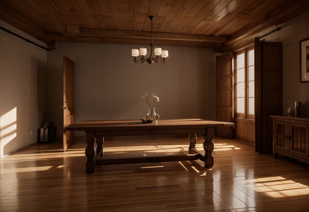 Model shooting style, (Extremely detailed CG 8k wallpaper), There is a wide and long wooden table in the center of the room,It's full of food scraps, An old and spacious room, There is a stone wall,A little high, no ceiling, There is a Roman stone arch in ruins at the back of the room.,access to garden